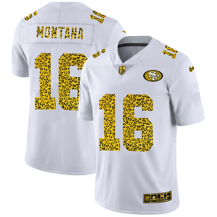 San Francisco 49ers #16 Joe Montana Men Nike Flocked Leopard Print Vapor Limited NFL Jersey White